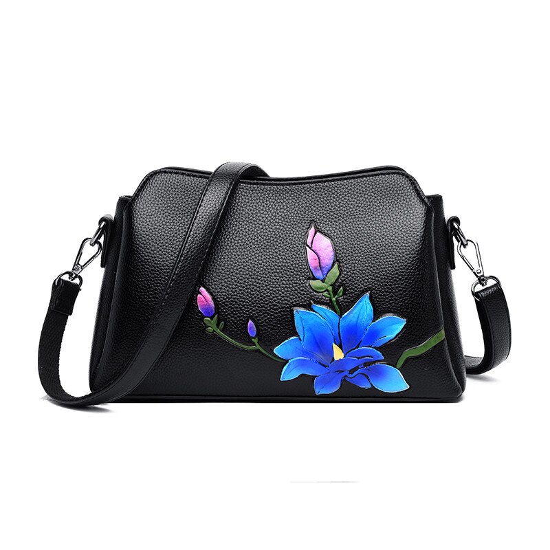 Mode Bloem Lederen Luxe Handtassen Vrouwen Tassen Handtassen Bloem Chinese Stijl Crossbody Tassen Voor Vrouwen: Blue silver flower