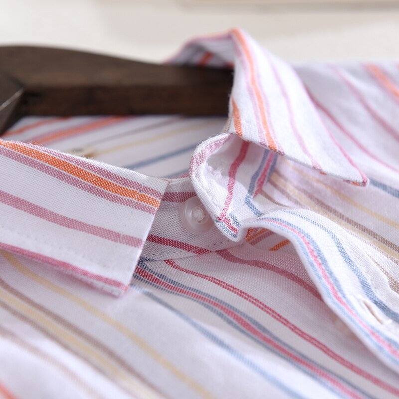 Men's Long Sleeve Rainbow Stripe Shirts Linen Summer Casual Shirts Man White Turn Down Collar Shirt Male Y2343