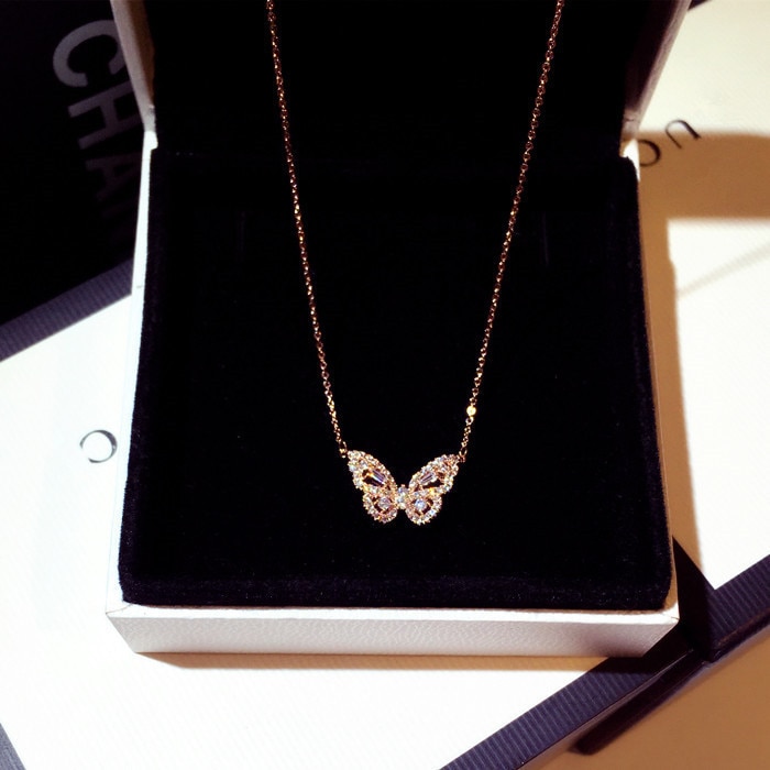 small fresh butterfly pendant white zircon necklace for Lady butterfly white zircon necklace Bowknot jewelry