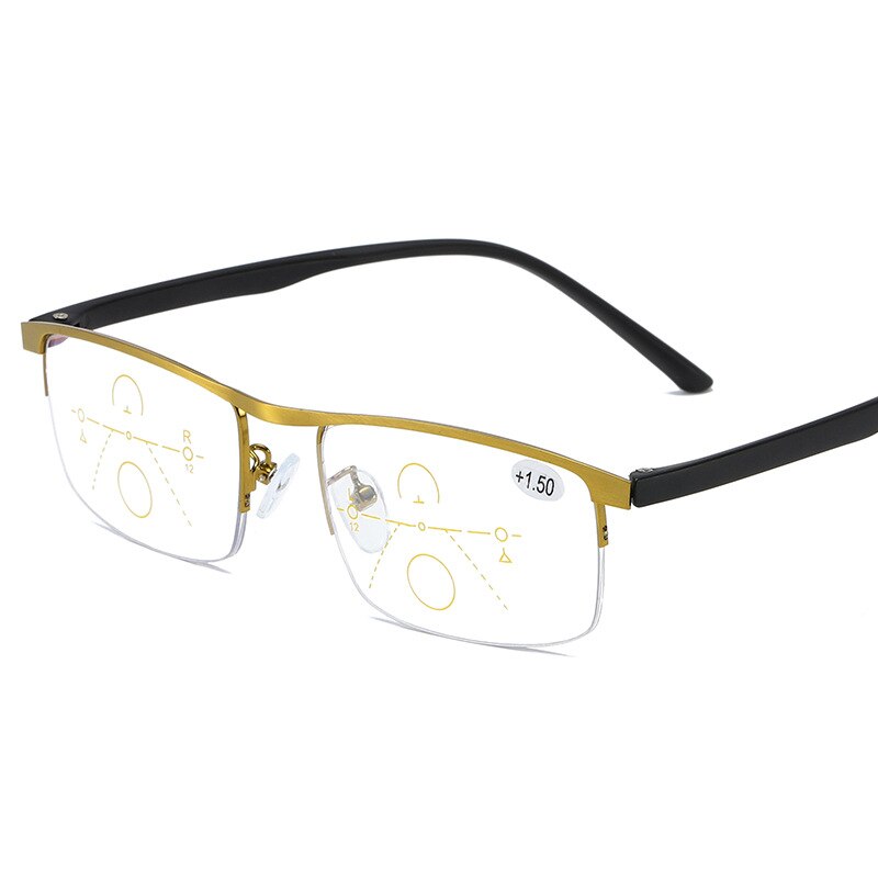 Men Women Progressive Multifocal Reading Glasses Bifocal Magnifying Presbyopic Glasses Metal Anti Blue Ray Square Frame 2.0: +200 / Gold