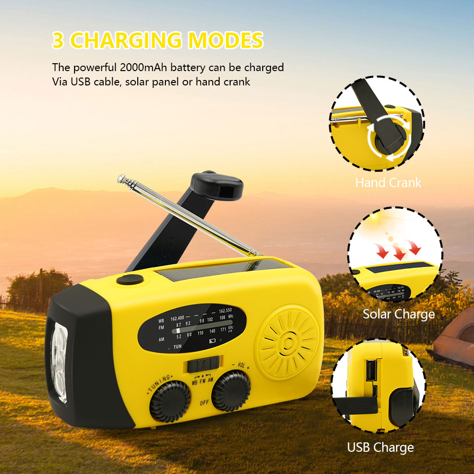 Radio portátil de emergencia, manivela Solar de 2000mAh, cargador de teléfono móvil, Radio AM/FM, linterna LED, luz nocturna para interiores y exteriores