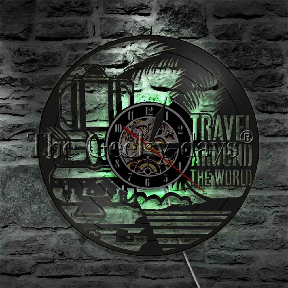 1Piece Travel Around The World Themed Vinyl Record Wall Clock World Wide Tours Led Wall Light Man Cave Bar Sign Contemporary