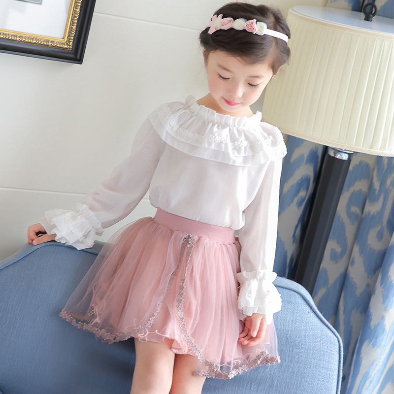 Blusa de manga larga con volantes para niña, camisa de gasa para primavera y verano, ropa para niño, Tops escolares RT408