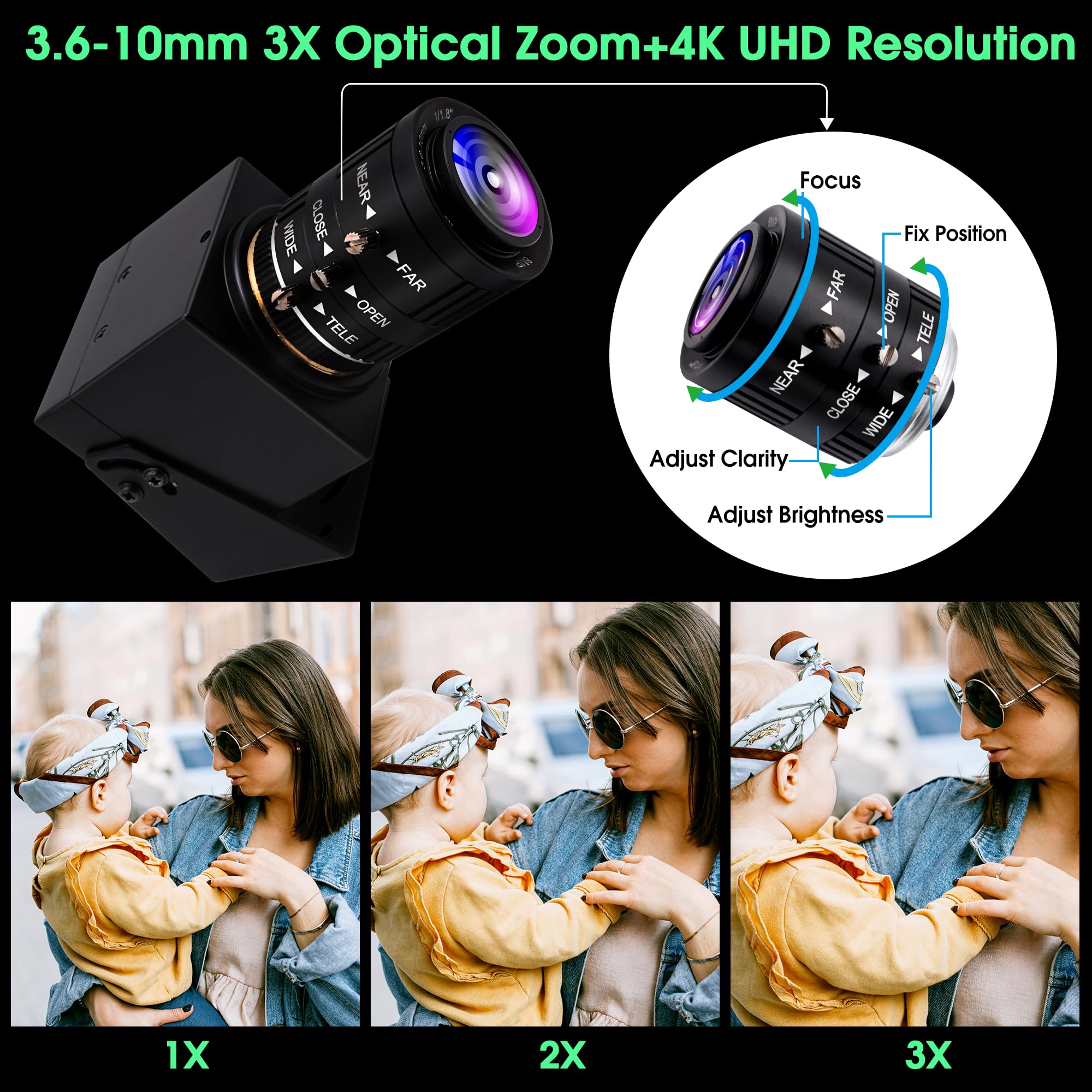 ELP 8MP High Resolution 3.6-10mm Zoom Lens with C/CS Mount 1/1.8" F1.4 Manual Focus 3X Zoom Lens for ELP USB Cameras