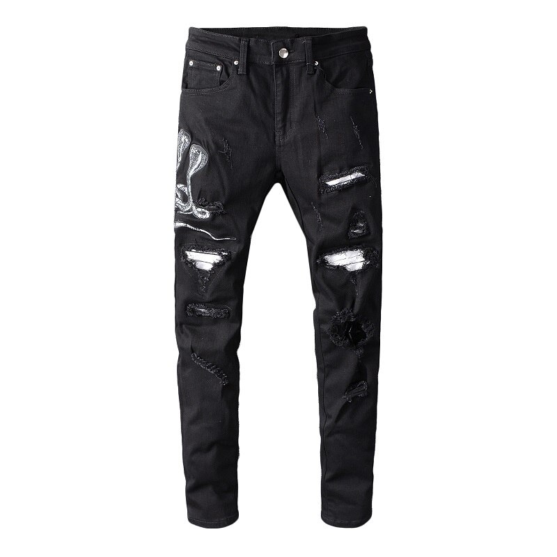Streetwear Men Jeans Elastic Ripped Jeans Men Stretch Punk Pants Cobra Patches Hip Hop Jeans Homme
