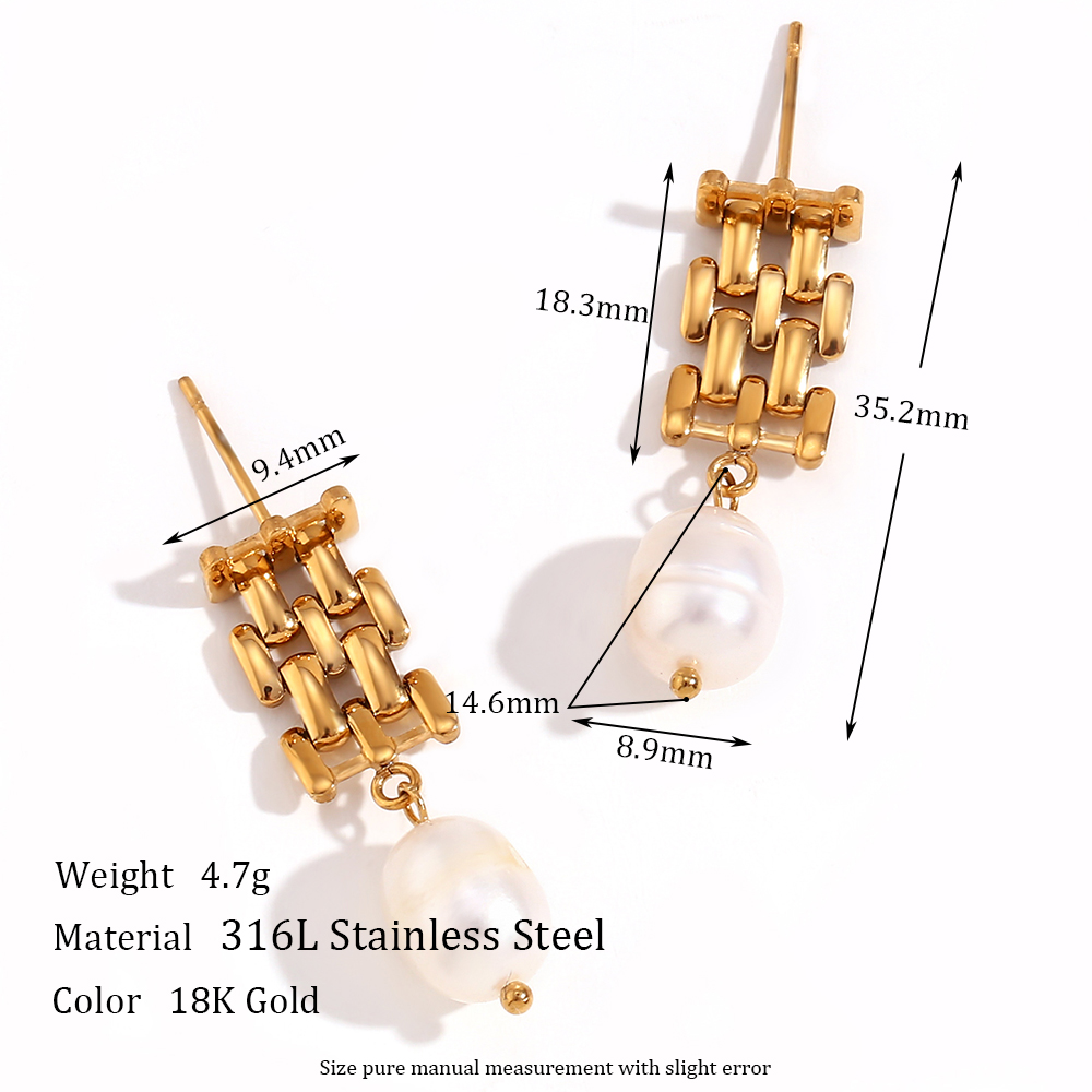 E.B.belle Watch Chain Egg Shape Pearl Pendant Stud Earring Gold Color Stainless Steel Accessories 18K Gold Plated Women: BRONZE