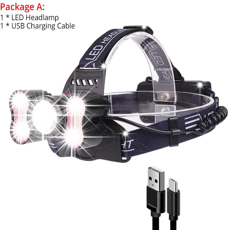 5000LM Ultra Bright LED Headlamp 5 LED Headlight 4 modes Head lamp Rechargeable Light Sensor Use 18650 For Outdoor & Indoor: Package A