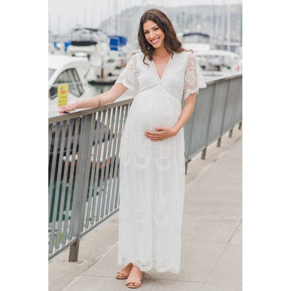 Summer Long Maternity Dresses For Photo Shoot Lace Maternity Photography Props Pregnancy Dresses Photography For Mother Wear: White