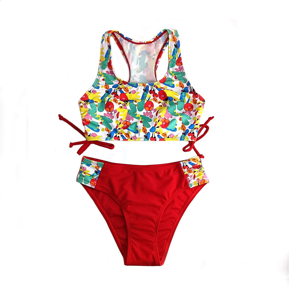 SHEKINI Girls Racerback Print Swimwear Ruched Tie Side Teenage Girls Bikini Set Bathing Suit Two Piece Swimsuits Teen Beachwear: Red-CS / 10-12