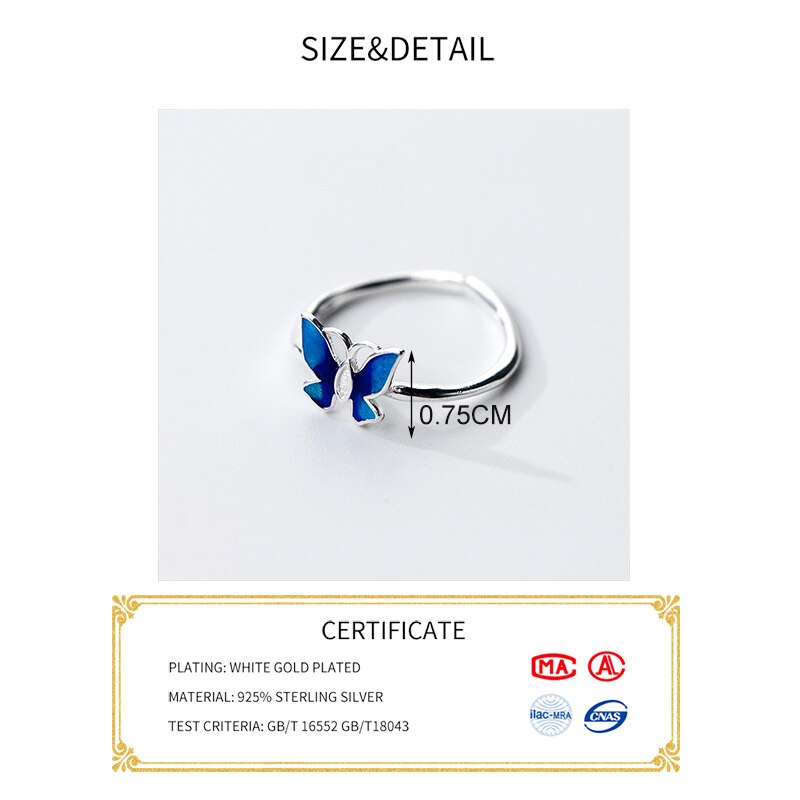 Inzatt echter 925 sterling silber blauer schmetterling verstellbarer ring für damen party feiner schmuck süße accessoires