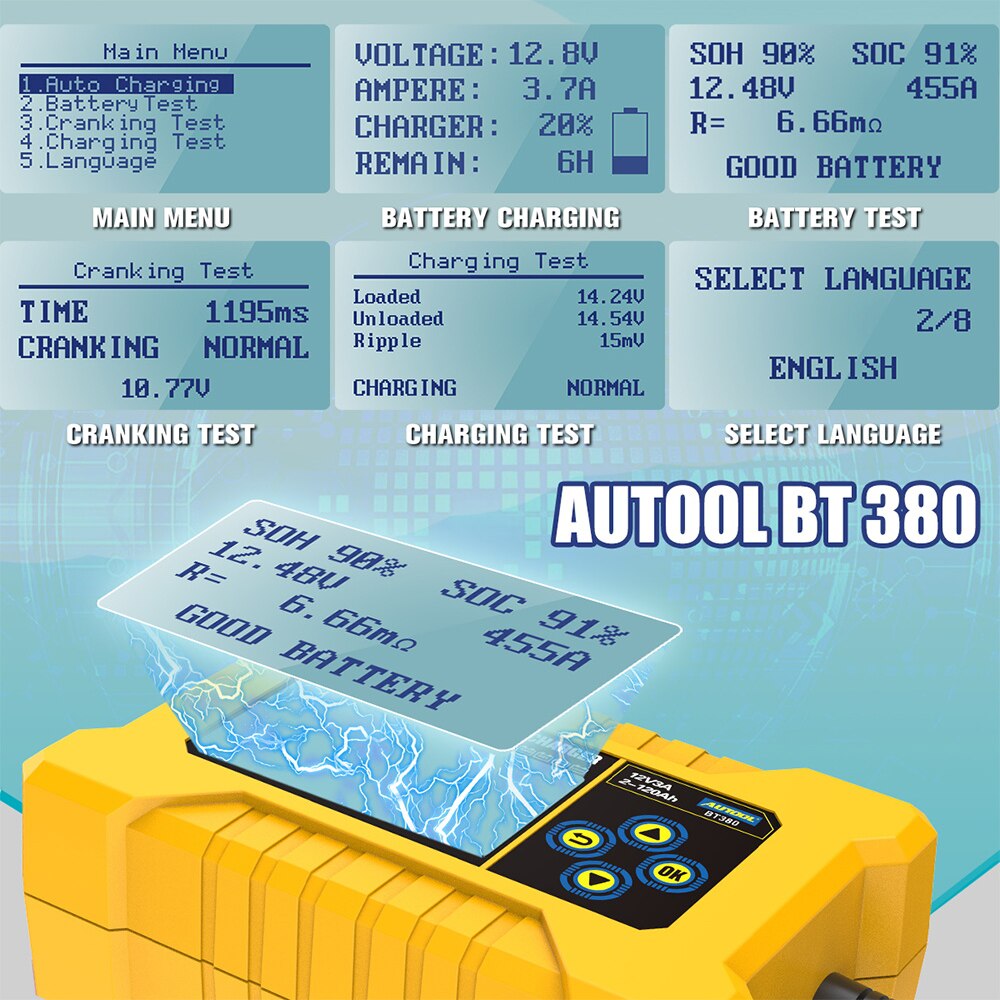 AUTOOL Original BT380 12V Car Battery Tester & Battery Charger Automotive Battery Tester Analyzer Vehicle Power Bank CCA2400