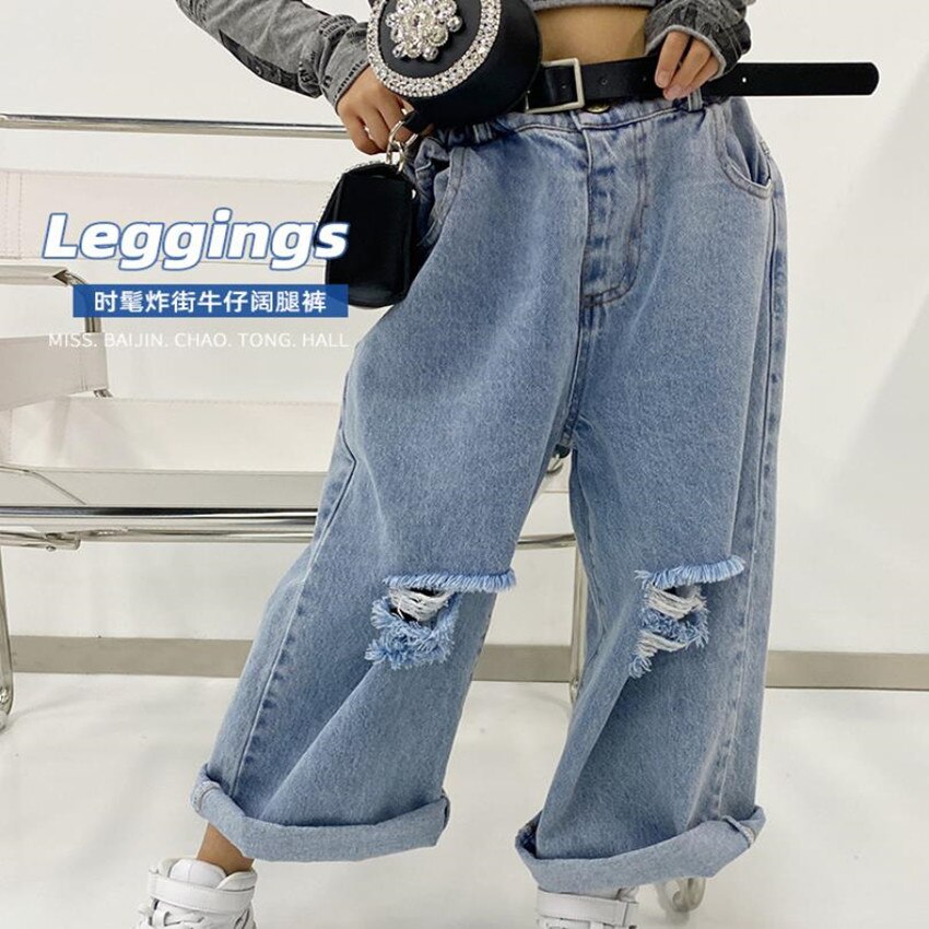 Pantalones vaqueros con agujeros para niña, Vaqueros holgados para niños, Vaqueros rectos para adolescentes de 4 a 14 años, wz33, novedad de primavera y otoño de: 13-14y 160