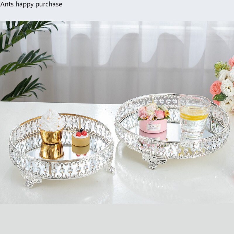 Europæisk spejl metalbakke kagestativ krystalfrugtplade kosmetisk smykkeskrin diverse opbevaringsbakke dessertborddekoration