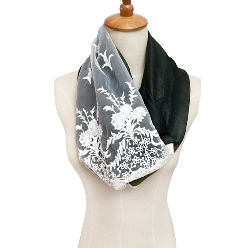 Kesä silkki puuvilla pitsisormus infinity paksu naisten huivi naisten huivi kaksoisympyrä foulard femme cachecol: Musta