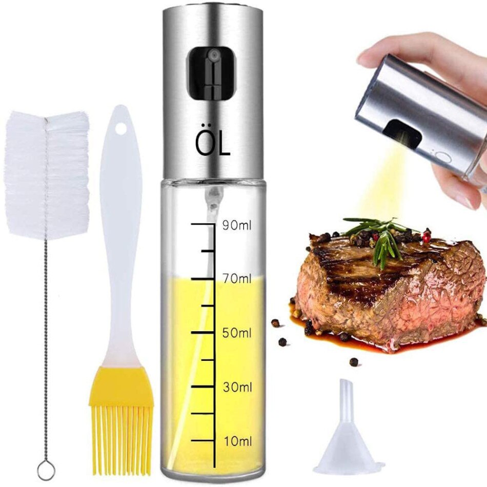 4 st/set oljespruta dispenser set köksolja sprayflaska rostfritt stål oljevätskeautomat med ren borste för grillning