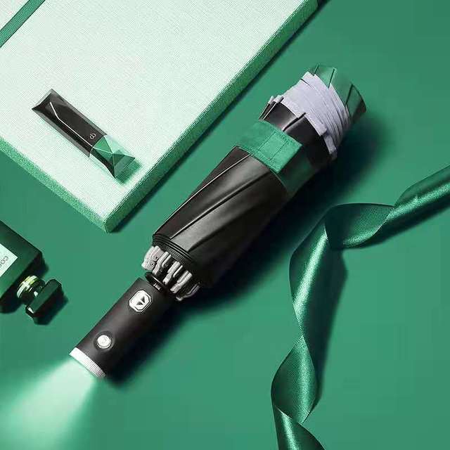 Umbrella Women's Automatic Umbrella Male LED Automatic With Reflective Stripe 3-Folding Inverted 10 Ribs UV Umbrellas: UV-Automat-LED-Green