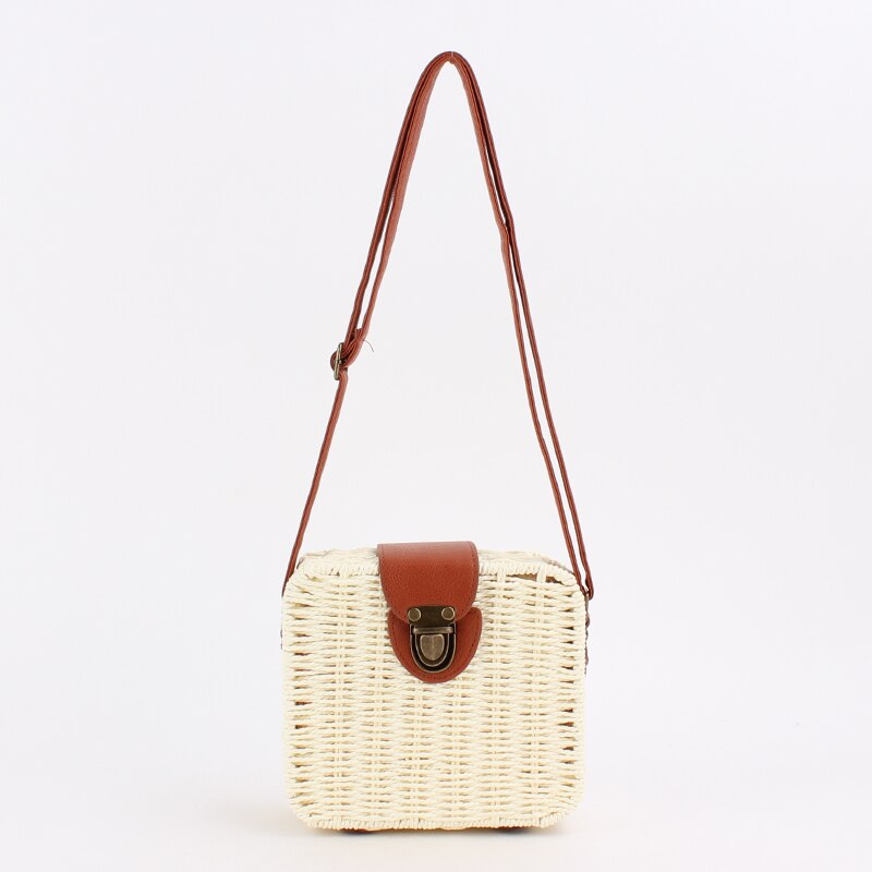Caja informal de mimbre para mujer, bolso cruzado de mimbre de caramelo tejido para mujer, Bolso pequeño de playa para verano, bolso vintage con solapa bali: white