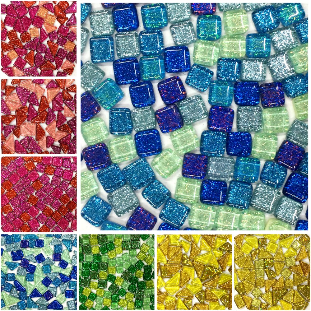 120g 70Pcs Glitter Shiny Crystal Mosaic Tiles 1-2cm Square Triangle Shape DIY Mosaic Stone Multi-Color Optional Craft Materials