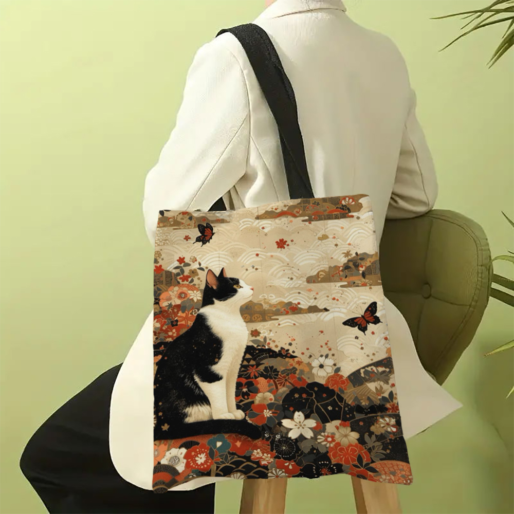 Sac fourre-tout classique chat noir et blanc avec imprimé chat, sac de plage de Shopping à bandoulière réutilisable pour femmes, sac de transport décontracté Durable: Marron