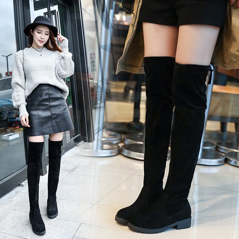 Plus Siz 34-41Fashion Vrouwelijke Winter Dij Hoge Laarzen Faux Suède Solid Hoge Hakken Vrouwen Over De Knie Schoenen