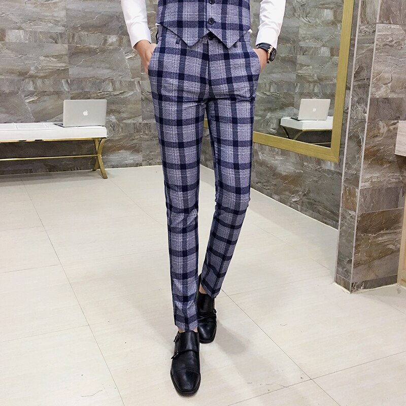 Herre ternede bukser slim fit mænd kontorbukser mænd formelle bukser plaid pantaloni uomo afslappet mænd kjole jakkesæt bukser pantalon homme: 28 / Dyb blå
