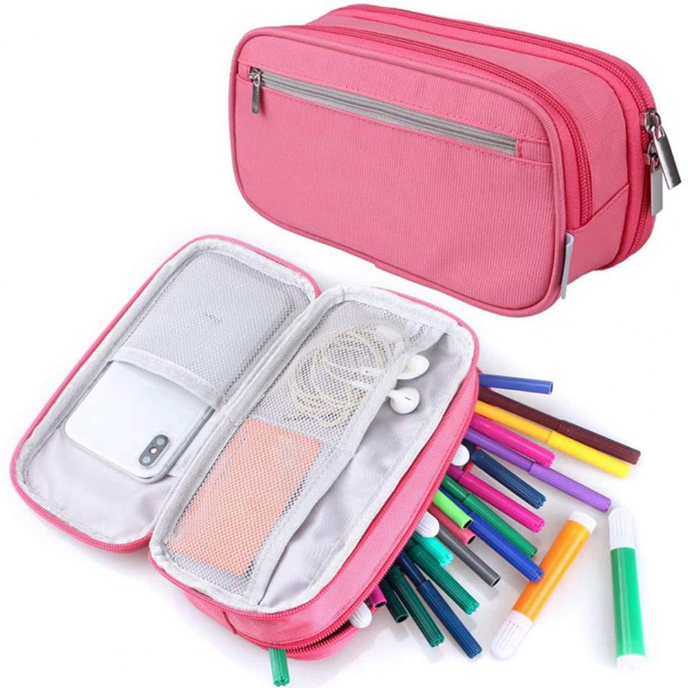 Pen Bag Waterproof Easy to Grasp Canvas Three-layer Pencil Case for School