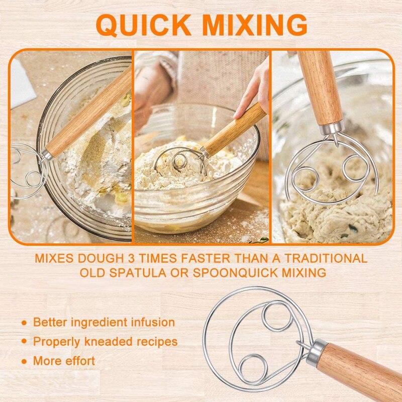 Stainless Steel Danish Dough Whisk Wooden Handle Pizza Bread Dough Mixing Whisk Tool Kitchen Baking Tools Artisian Blender