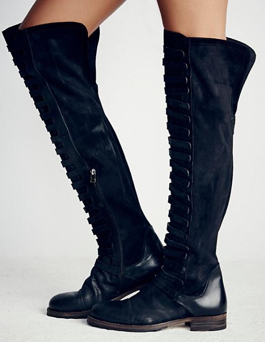 Top Army Green Long Boots Women Punk Style Flat Motorcycle Boots Patchwork Stretch Over The Knee Boots Womens