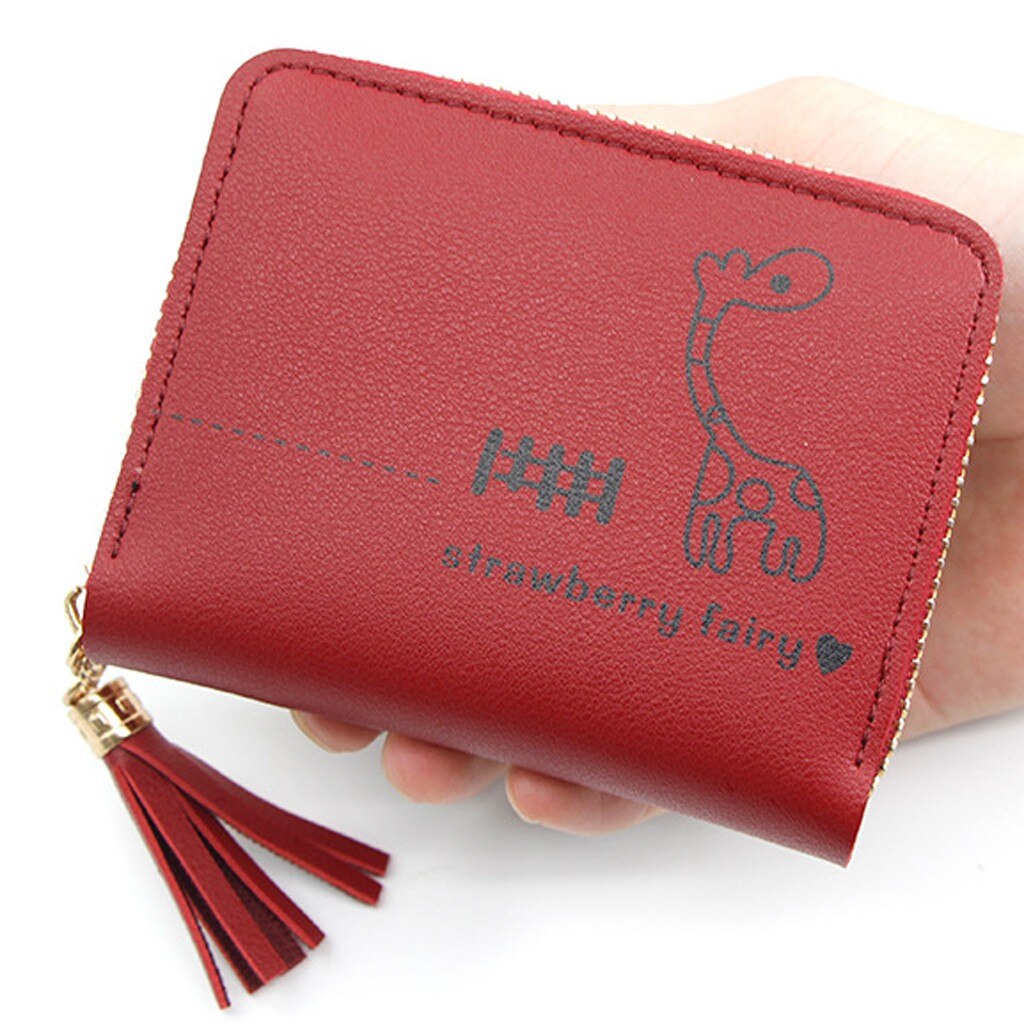 Femmes court gland imprimé à franges en cuir portefeuille femme Simple voyage en plein air de crédit porte-carte porte-monnaie Mini pochette: Rouge