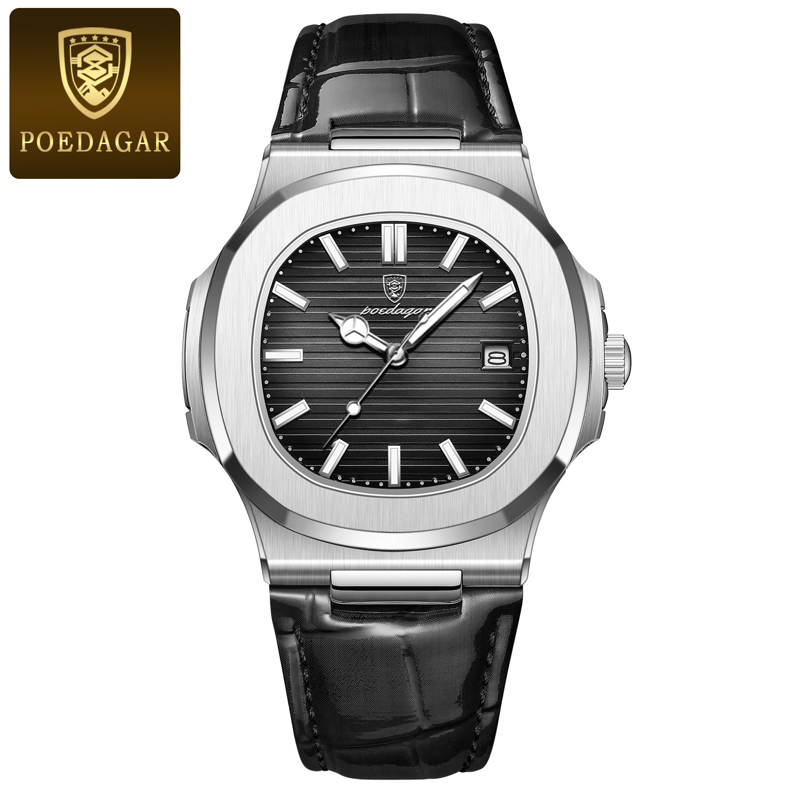 POEDAGAR Luxury Man Wristwatch Business Stainless Steel Quartz Men Watch Waterproof Luminous Date Square Men's Watches Clock+Box: WHITE