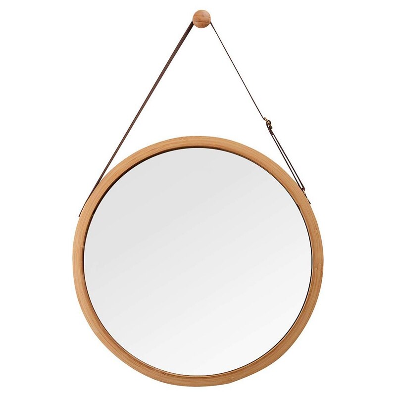 Hanging Round Wall Mirror in Bathroom & Bedroom - Solid Bamboo Frame & Adjustable Leather Strap: bamboo wood