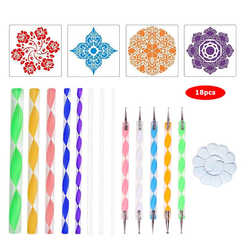 Diy Steen Mandala Puntjes Gereedschap Voor Schilderen Rock Steen Pen Embossing Starter Tekening Stencil Template Borstel Lade Kit: 18pcs