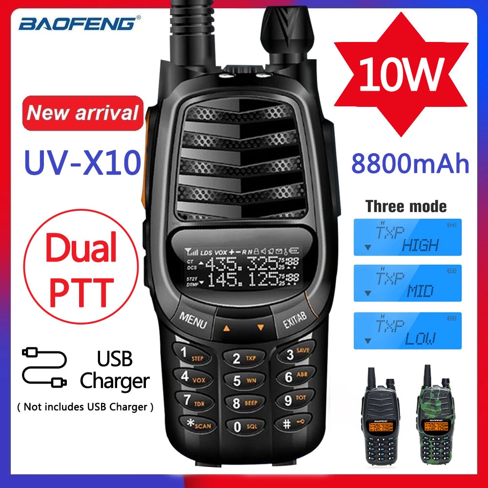 Baofeng – walkie-talkie Portable 10W UV-X10 mAh 2-PTT double bande VHF UHF chargeur USB 30km Ham CB Radio 2 voies émetteur-récepteur 8800