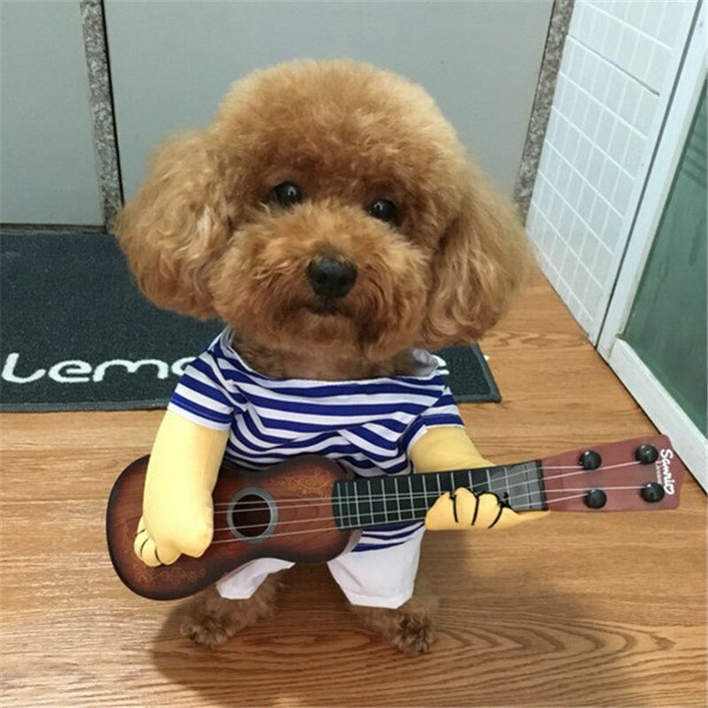 Guitarra con reproductor para mascotas, disfraz de perro, disfraz de guitarrista para de Navidad, Halloween, ropa de Año para perros y gatos, peluca grande