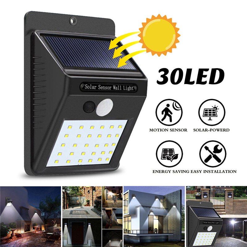 Solar Powered 30 LED PIR Motion Sensor Wall Light Waterproof Outdoor Paths Yard Garden Security Lamp Emergency Lantern Spotlight