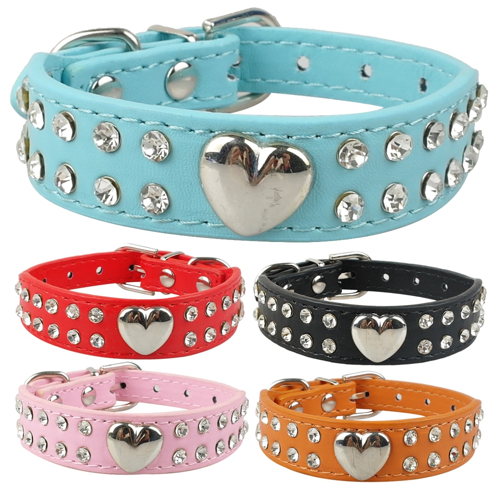 Zachte Steentjes Halsband PU Leer Gevoerde Kristal Metalen Hart Hond Pet Halsbanden voor Kleine Medium Hond Pet Chihuahua