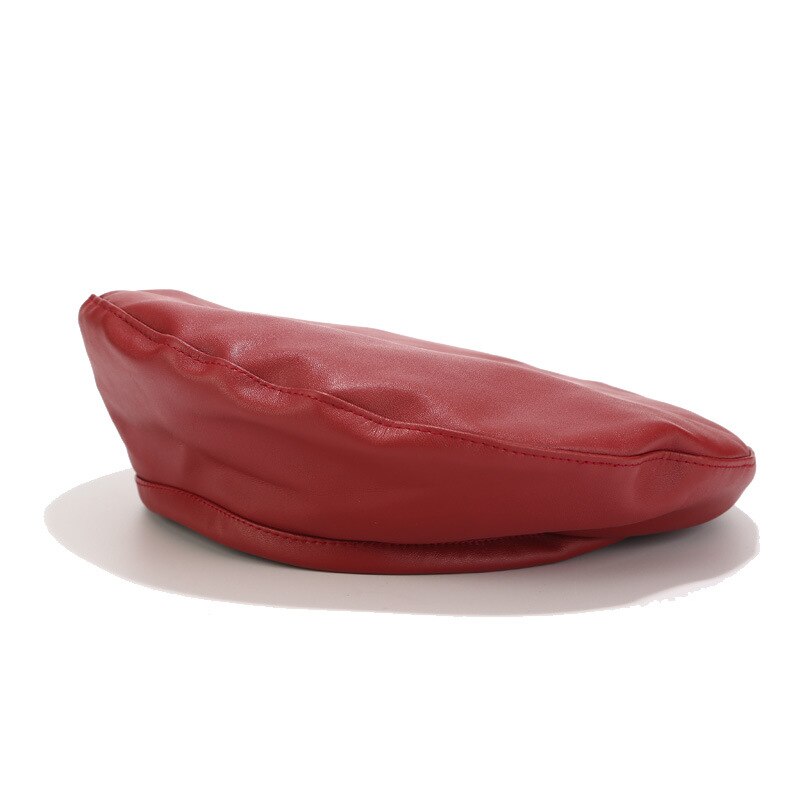 Klassische PU Leder Französisch Baskenmütze Hut für Frauen, Einstellbare Feste Farbe Künstler Maler Kappe: red