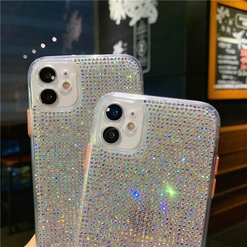 Funda trasera brillante 3D para iPhone, funda suave brillante con diamantes de imitación para iPhone 11 12 Pro Max X XS MAX XR 8 7 Plus SE