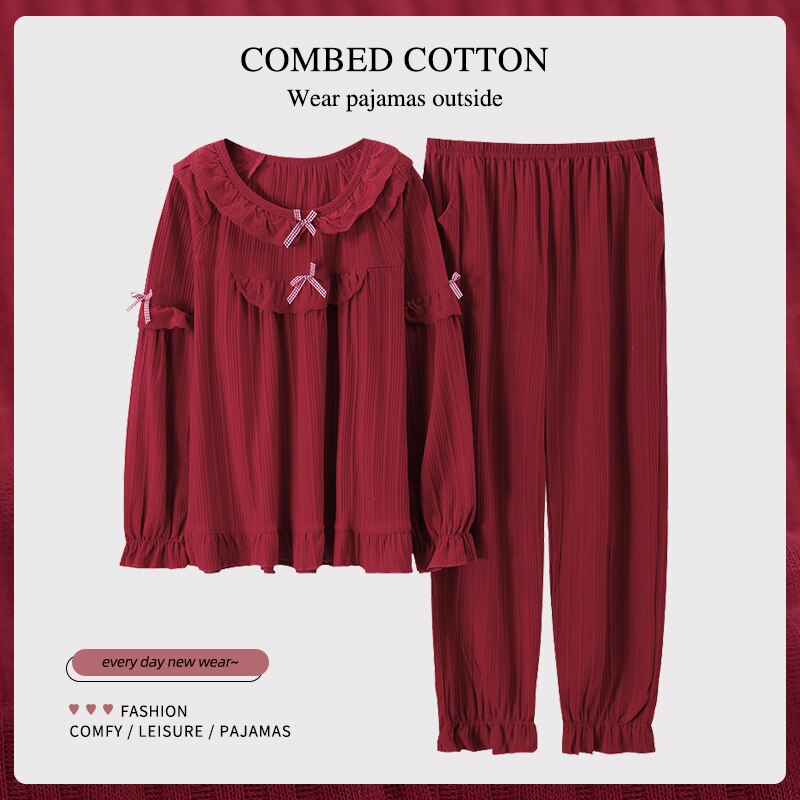 Women O-Neck Lace Pajamas Wedding Festive Red Pajama Sets Sleepwear Long Sleeve Top+Long Pants Pajamas Home Clothing Pyjamas 3XL
