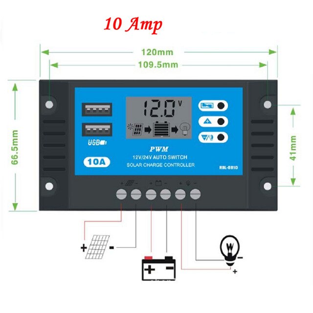 Controladores solares automáticos para el hogar, Panel LCD 10A /20A /30A, regulador de batería MPPT Solar, controlador de carga USB Dual con 5V/2A: A 10 Amp 12 24 Voit