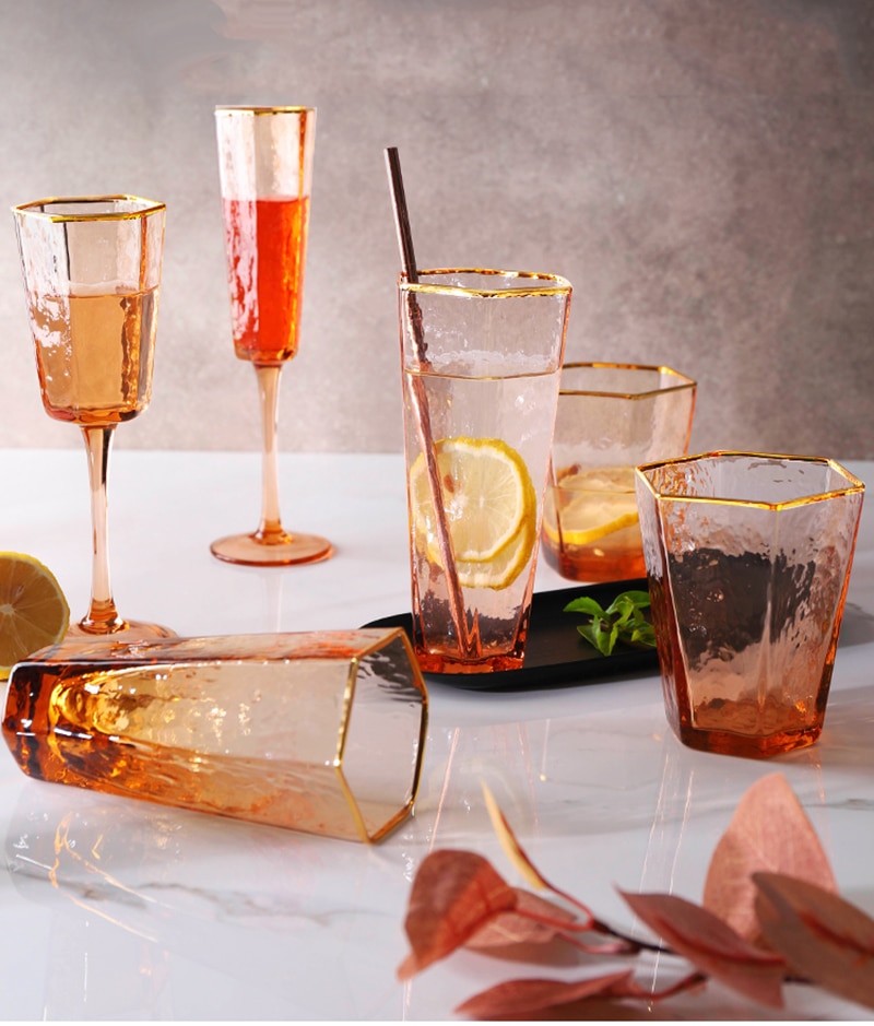 2 PCS Hexagonal Hammered Gold Rim Champagne Glass, Wine Glass,Whisky Glass, Water Glass Set of 2