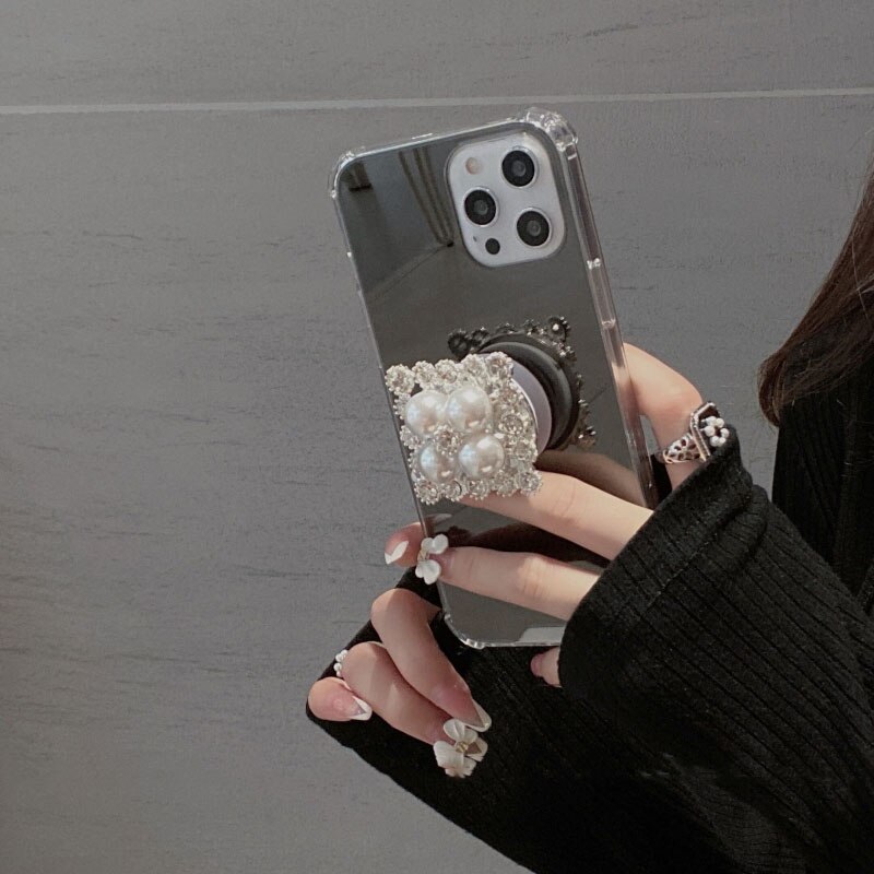 Luxury girl mirror Square Pearl Rhinestone Bracket soft Case For iPhone 11 12 Pro Max XR X XS MAX 8 7 plus protection Back Cover