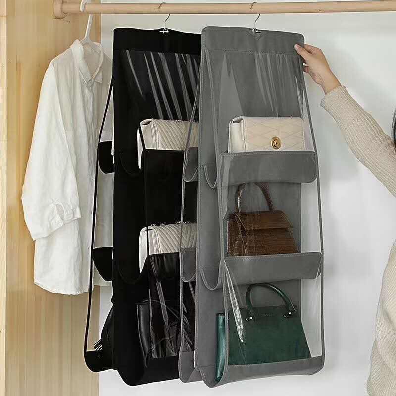 6 Pocket Hanging Handbag Organizer for Wardrobe Closet Transparent Storage Bag Door Wall Clear Sundry Shoe Bag with Hanger Pouch