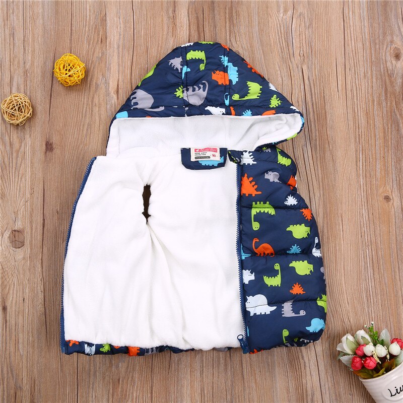 Kleine Jongen Buitenste Dragen Hooded Vest Herfst En Winter Warm Dinosaurus Gedrukt Rits Open Jacket