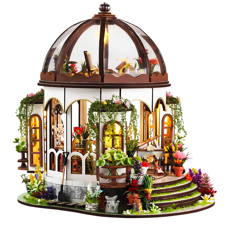 Gør-det-selv trædukkehuse hængende have casa miniature byggesæt blomsterdukkehus med møbler led-lys til piger