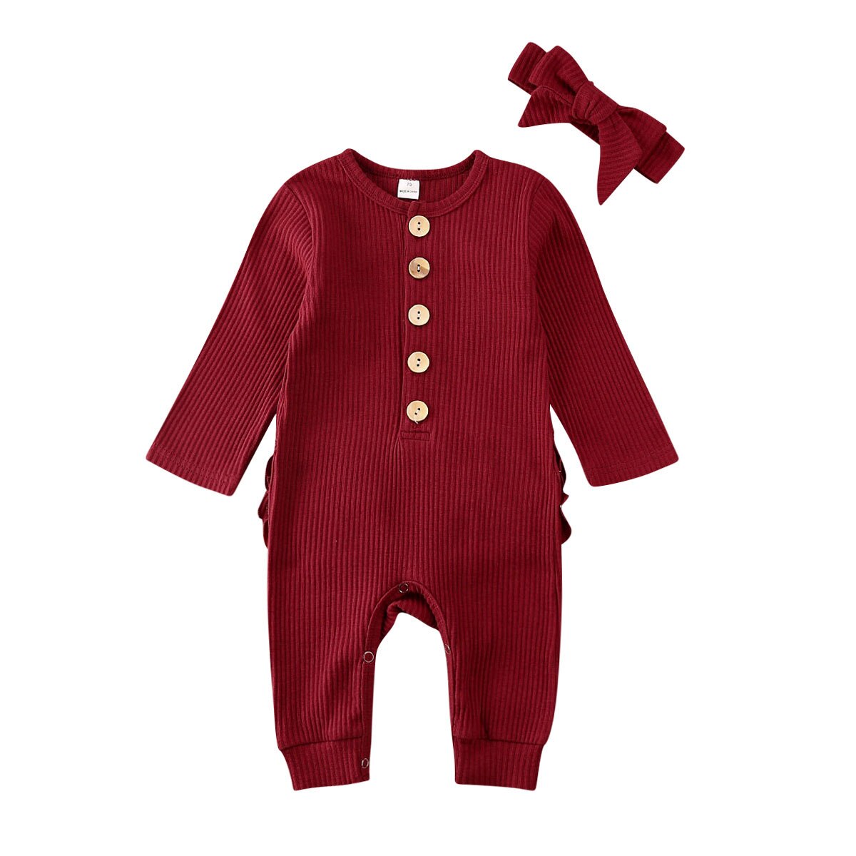 Newborn Baby Boy Girl Rompers Headband 2pcs Outfit Knitted Solid Kong Sleeve Ruffle Romper Jumpsuit Clothes: Wine Red / 12M