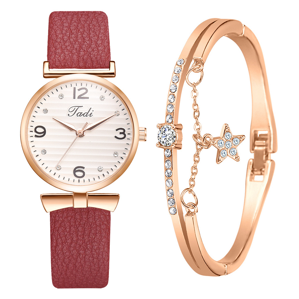 Top Brand Dress Female Watches Simple Rhinestone Woman's Watch Bracelet Set 2PCS Leather Ladies Wristwatch reloj mujer: red set