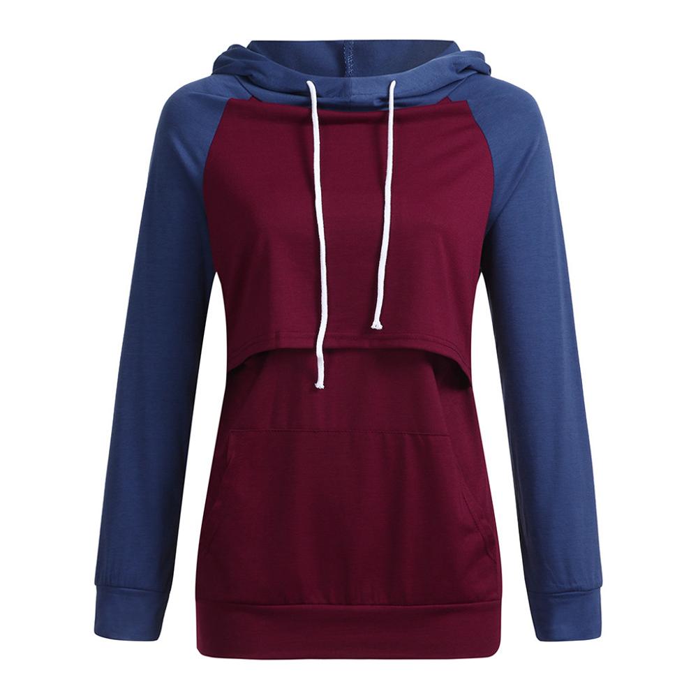 Dam t-shirt vård långärmad patchwork toppar amning hoodie sweatshirt t-shirt