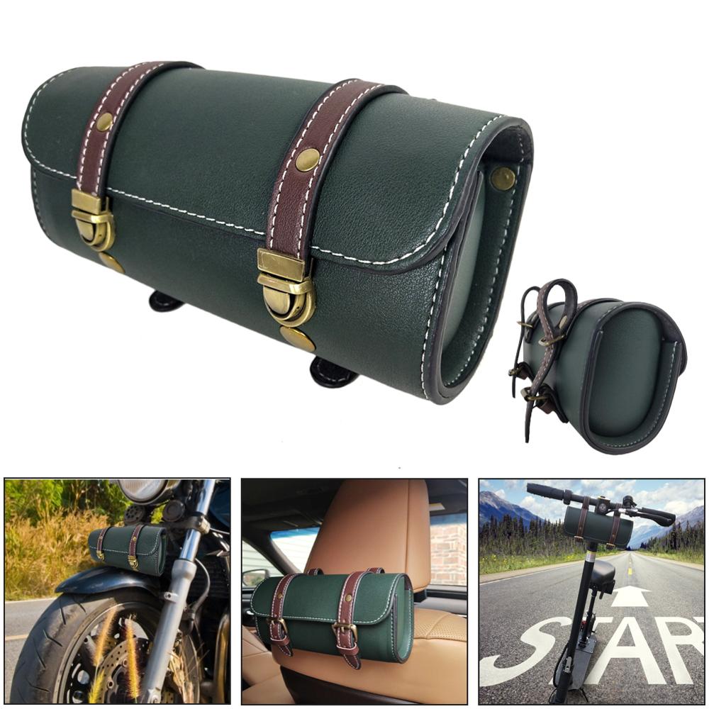 Universal motorcykel rulle sadeltaske pu læder justerbare stropper motorcykel forgaffel taske sadeltasker cykel styretaske csv: Grøn