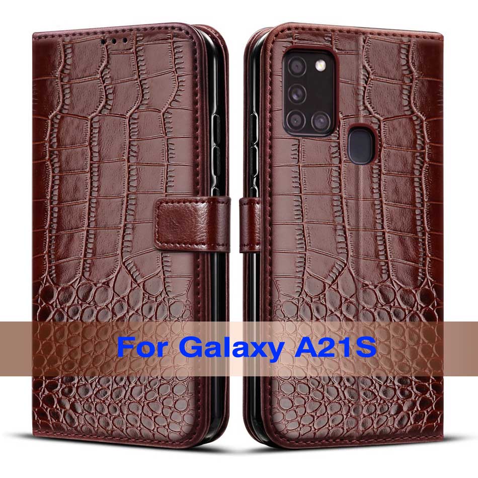 Funda de cuero con tapa para Samsung Galaxy A21s A 21 S A21 S, carcasa trasera para teléfono Samsung A21s A21S: Deep Brown